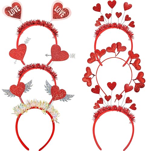 6 Pcs Valentines Day Heart Headbands Cupid Headband Cupid Glitter Red Heart Hair Hoop Headwear Headdress Hair Accessories