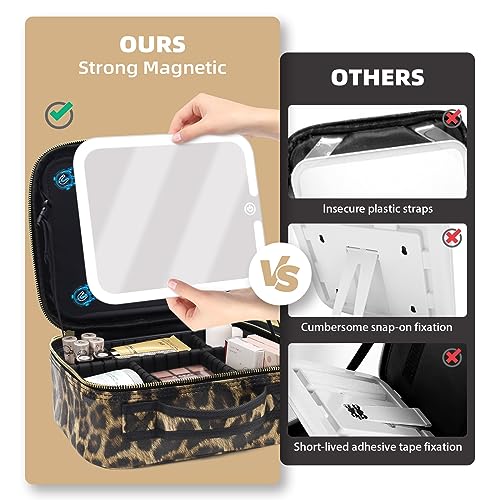 Makeup Bag with Magnetic Detachable Lighted Mirror, Travel Makeup Bag with Mirror 360¡Æ Angle, PU Leather Makeup Organizer Bag with Mirror and Lights, Portable Cosmetic Case Accessories Train Case Gift