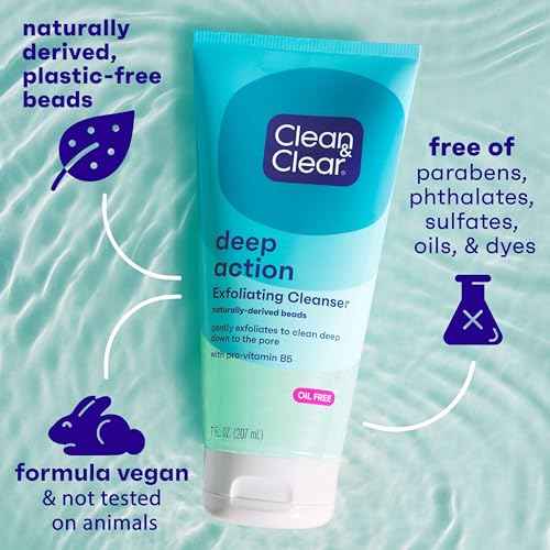 Clean & Clear Deep Action Exfoliating Facial Cleanser, Scrub & Face Wash, Pro-Vitamin B5, Lactic & Glycolic Acids, Oil-Free Gentle Daily Exfoliator for Soft, Smooth, Hydrated Skin, Vegan, 7 Fl Oz Tube