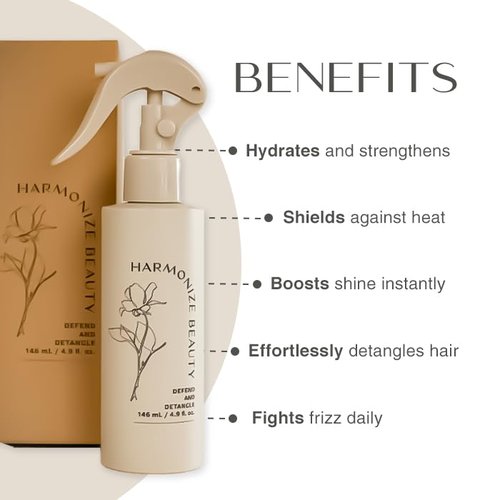 Harmonize Beauty Leave-In Conditioner - 3-in-1 Detangler & Heat Protectant Spray - Sulfate-Free - Lightweight for All Hair Types - Frizz Control - Protects & Hydrates without Buildup - 4.9 fl oz
