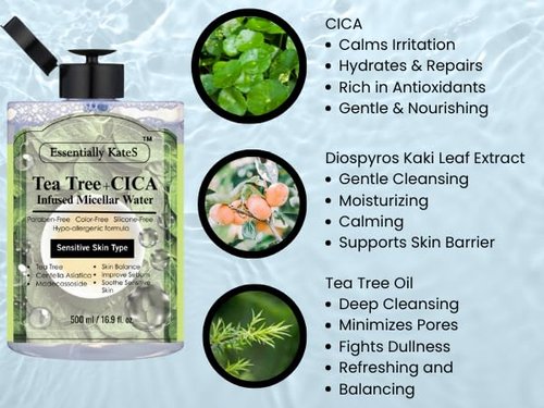 Essentially Kate's Micellar Cleansing Water - Hydrating Makeup Remover with Hyaluronic Acid & Tea Tree, 16.9 Fl Oz for Sensitive Skin | Eyes, Face & Lips