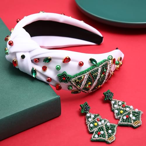 ARATLENCH Christmas Headband Pearl Rhinestone Jeweled Knotted Headband Accessories Snowflake Xmas Tree Beaded Earrings Winter Holiday Xmas Outfits for Women Girls