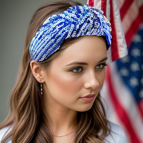 VHWMHEAD 4th of July Headbands - 4th of July Sequin Knotted Headbands for Women Girls Blue White Hairband Sparkly Wide Hair Bands Glitter Headband Patriotic Hair Accessories