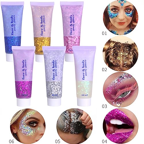 PAQIMAN Silver Hair Glitter,Sparkling Neon Outfit Party Holographic Sequins Paint Body Glitter Gel Makeup.(05# Silver)