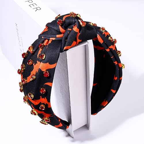 Halloween Crystal Knotted Headband for Women Rhinestone Jeweled Embellished Bat Print Wide Top Knot Hairband Halloween Costume Party Hair Accessory (Bat)