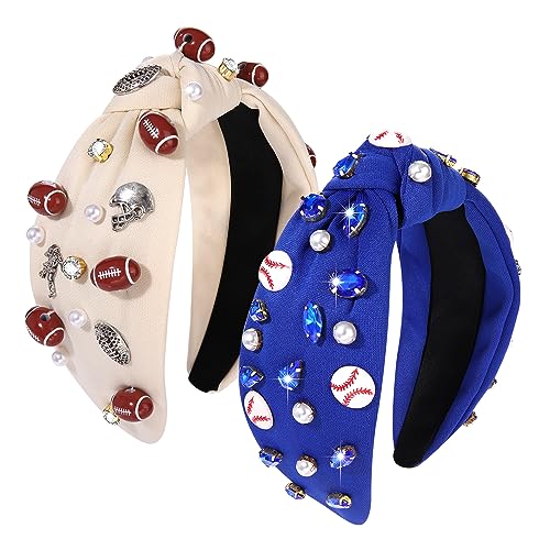 Football Headband Pearl Rhinestone Football Baseball Charms Jeweled Knotted Headband Game Day Sport Wide Headpiece Hair Accessories Gift for Sports Fan (game day headband A)