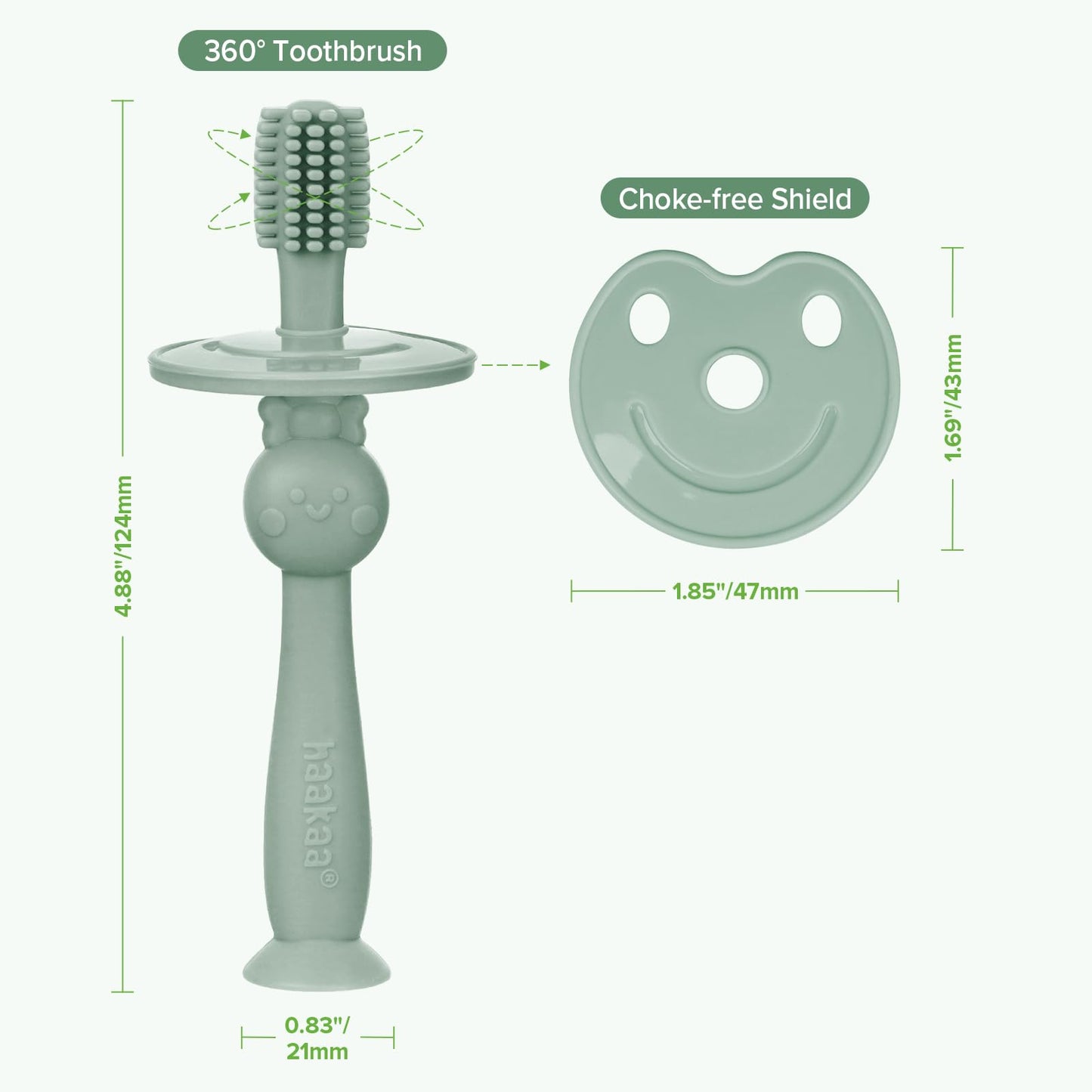 haakaa Infant Toothbrush, Easy to Hold 360° Baby Toothbrush, Train 6month+ Infants Babies and Toddlers for Oral Hygiene, Teether Effect for Sore Gums, 1pc (Pea Green)