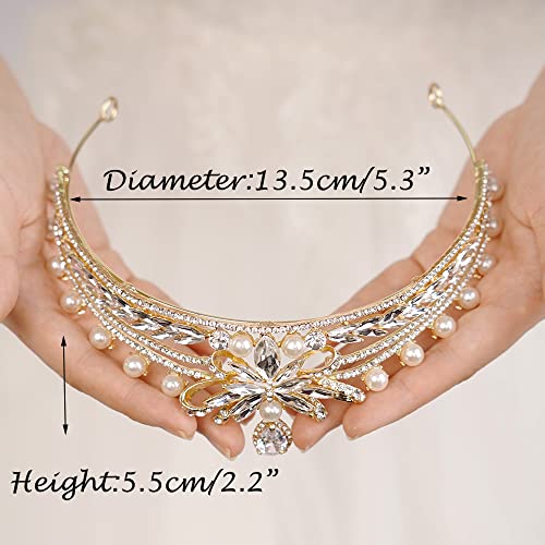 Wekicici Baroque Pearl Tiara Gold Crystal Crown Elegant Rhinestone Headband Bridal Headpiece Princesss Queen Crown for Women Girl Wedding Birthday Party Prom Pageant Gift(Gold)