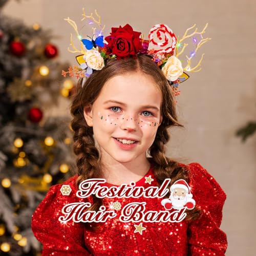 Nicute Light Up Christmas Headbands Xmas Reindeer Hair Hoop Glow Flower Holiday Party Hair Band for Women and Girls (Colorful-1)