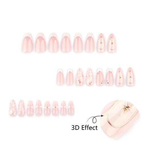 Mivota French Press On Nails Almond Medium, Fall Fake Nails Adorned with White Petal Accents and 3D Gold Lines Design, Glossy Gel Finish Acrylic Nails, Reusable Glue On Nails for Women, 24Pcs