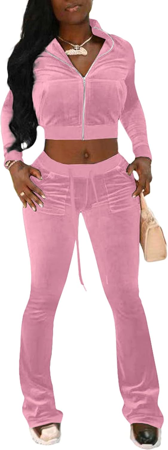 Skiennix Two Piece Outfit - Women's Velour Tracksuit with Crop Top Zip Jacket & Flare Pants Set