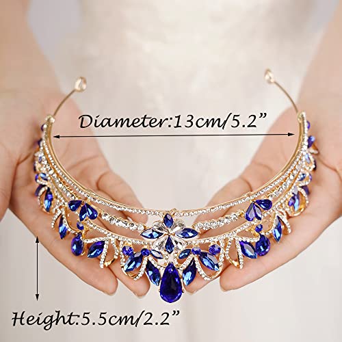 wekicici Blue Crystal Wedding Tiara Royal Queen Crown Headband Rhinestone Princess Hair Accessories for Party Prom Birthday Cosplay Halloween Costumes for Women Girls(Blue)