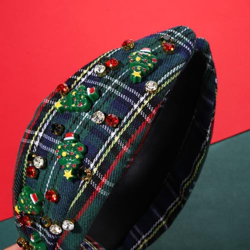 Christmas Headband for Women Xmas Tree Bow Snowflake Crystal Knotted Headband Red Green Rhinestone Jeweled Embellished Wide Top Knot Hairband Funny Festive Party Gifts (Xmas Tree Charms Knot)