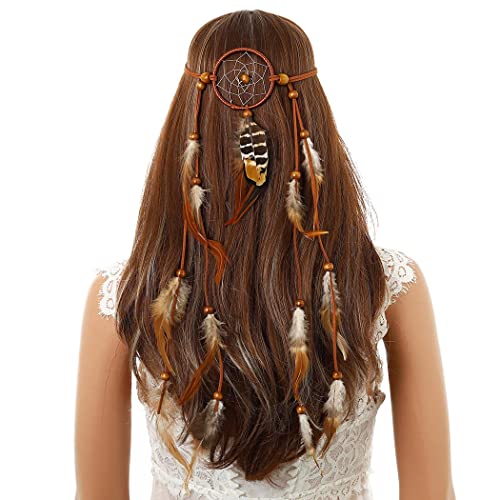 Uranian Boho Feather Headbands Dream Catcher Hair Band Hippie Gypsy Headwear Handmade Rope Headdress Tassel Headpieces for Masquerade Costume Hair Accessories for Women and Girls (1*Brown)