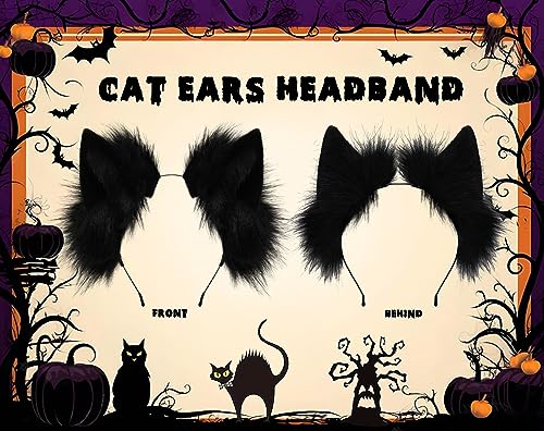 Loiahoer Cat Ears Headband Hairband Hairhoop,Animal Fluffy Neko Headwear Handmade,Head Accessories for Halloween Cosplay Fancy Dress Party,Black