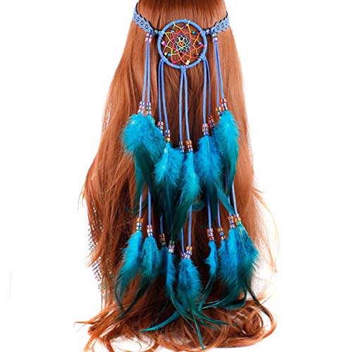 Bohemian Feather Hair Band Dream Catcher Hippie Indian National Style Headband Headwear Halloween Party Decoration Hair Accessory (Blue)