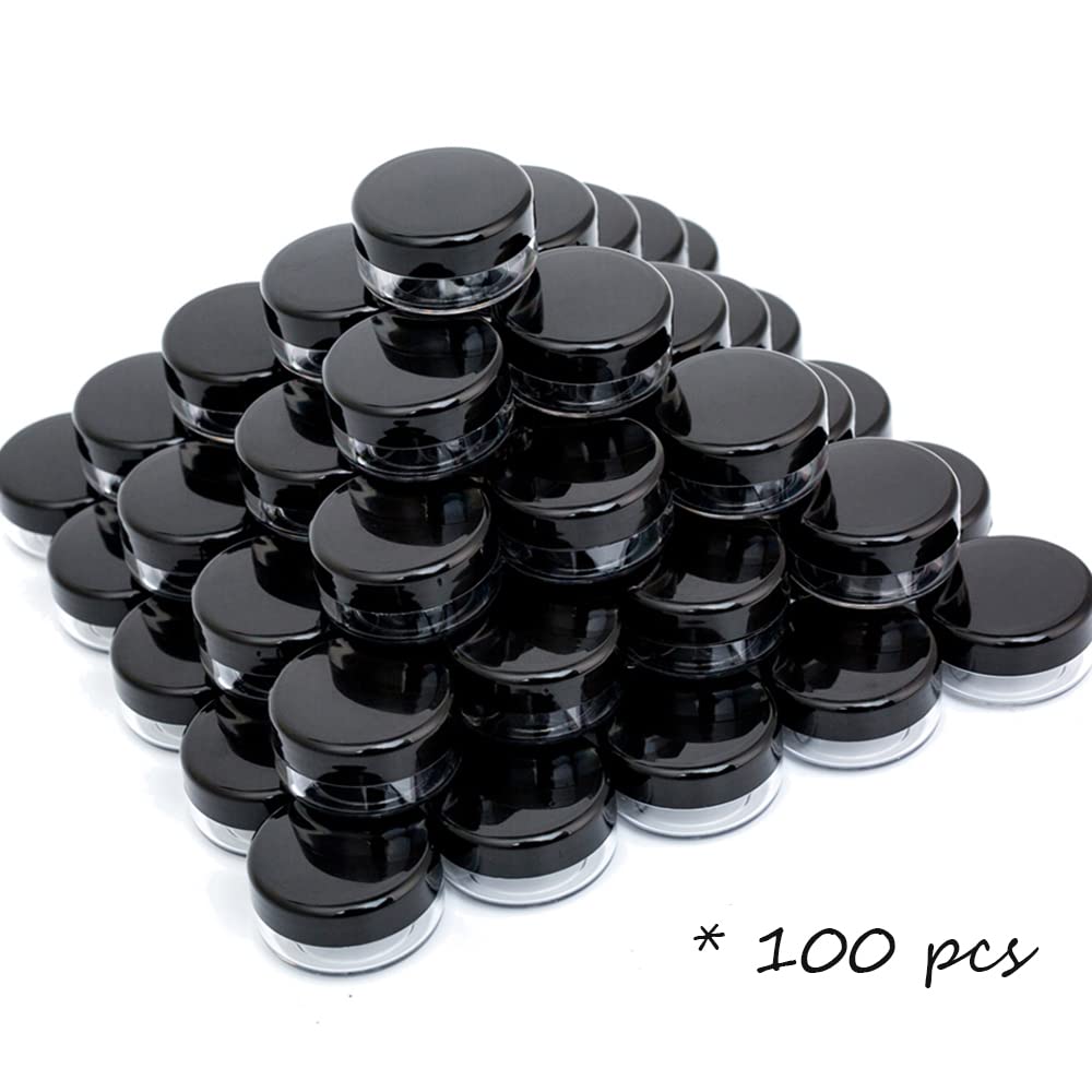 ZEJIA 10 Gram Sample Containers, 100 Count Cosmetic Containers with Lids, Refillable Empty Sample Jars, Small Plastic Containers with Lids (Black)
