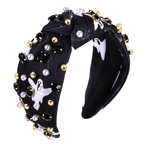 HSWE Halloween Headband Crystal Pearl Knotted Headband for Women Rhinestone Jeweled Embellished Ghost Print Wide Top Knot Hairband Halloween Costume Party Favors (Halloween Ghost)