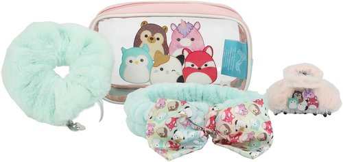 Bioworld Squishmallows Treat Yourself 4-Piece Accessory Care Kit Clear Character Design Cosmetic Storage Travel Bag Gift Set