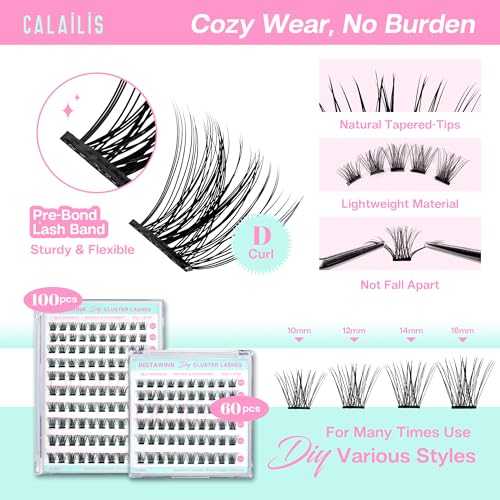 CALAILIS Self Adhesive Eyelashes 60Pcs D Curl Press on DIY CLuster lashes No Glue Needed Wispy Lash Clusters Pre Glued Reusable Glueless Eyelash Clusters Kit with Tweezers for Beginners (703)