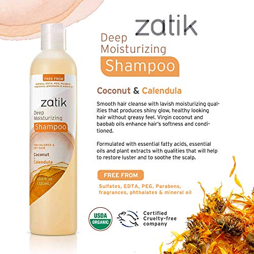 Zatik Naturals - Deep Moisturizing Shampoo with Coconut & Calendula - Vegan Bio-degradable pH balanced, for Colored and Dry Hair, Free From Sulfates, phthalates & Synthetic Fragrances - 10.8 Fl Oz