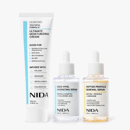 NIDA Youthful Glass Skin Bundle - Moisturizing Cream & Hydrating Renewal Serums | Complete Set for Radiant Skin