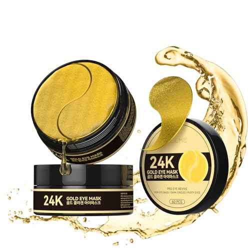 24k Gold Under Eye Patches - Firming, Glowing & Hydrating Hydrogel Mask for Puffy Eyes, Dark Circles, Wrinkles, Eye Bags Treatment, Gifts for Women and Men, 60Pcs Black