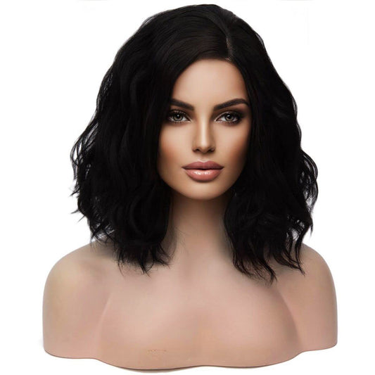 MAGQOO Black Wig for Women Black Bob Wig Short Black Wig Curly Wavy Black Wigs SIde Part Synthetic Heat Resistant