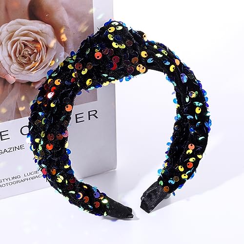 HEIDKRUEGER Knotted Sequins Headbands Soft Twist Hairband Bar Stage Sing Dance Party Headband Sparkle Glitter Hair Accessories for Women and Girls (Black)