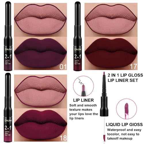 3Pcs 2 in 1 Dark Deep Red Purple Plum Black Cherry Lip Liner and Liquid Lipstick Stain Makeup Set for women, Long Lasting Smudge Proof Lip Tint Matte Finish Lip Gloss for All-Day Color Hold, Set11