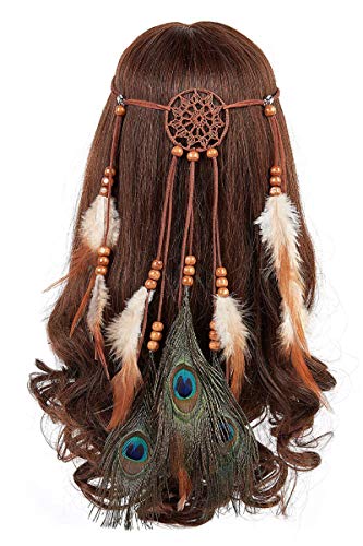 Smagiv Bohemian Peacock Feather Headband,Women Girls Hippie Gypsy Indian Dreamcatcher Braided Bead Hairband with Brown Feather Tassel for Hair Accessories,Festival Masquerades,Vocation,Party