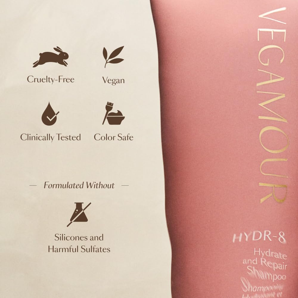 VEGAMOUR HYDR-8 Hydrate and Repair Shampoo - Cleanses & Hydrates Dry, Damaged Hair | Vegan & Color Safe (8 Fl Oz)