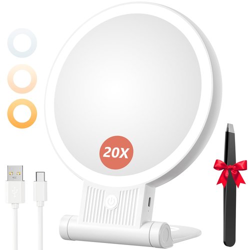 Auxmir 1X/20X Magnifying Mirror with Light, Double Sided Makeup Mirror with Adjustable Folding Handle, 2000mAh Rechargeable Vanity Mirror with Tweezer, Portable Tabletop Mirror for Travel Home