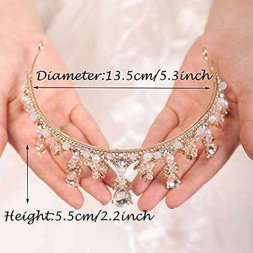 Wekicici Queen Tiaras Crystal Pearl Crown Gold Flower Leaves Baroque Wedding Headband Headpieces Crown for Birthday Pageant Prom Bridal Party for Women(Gold)