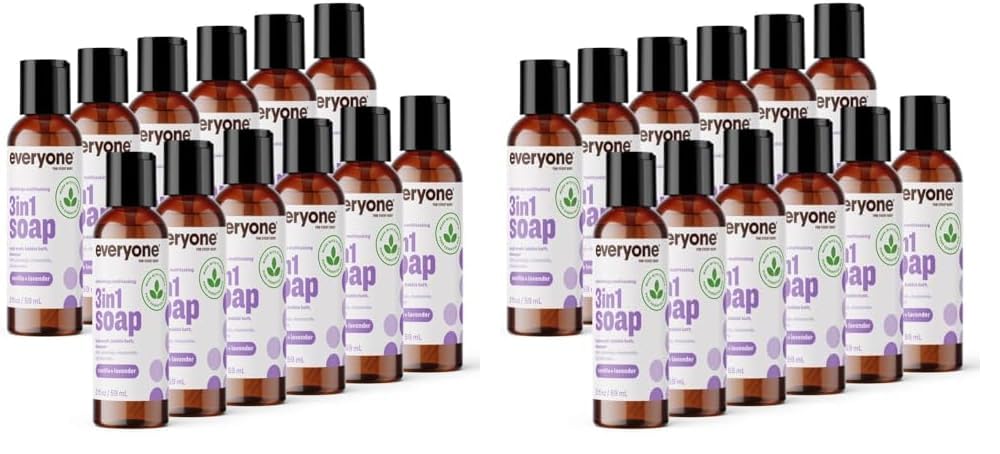 Everyone 3-in-1 Soap Body Wash, Bubble Bath, Shampoo, Travel Size, 2 Ounce (Pack of 24), Vanilla and Lavender, Coconut Cleanser with Plant Extracts and Pure Essential Oils