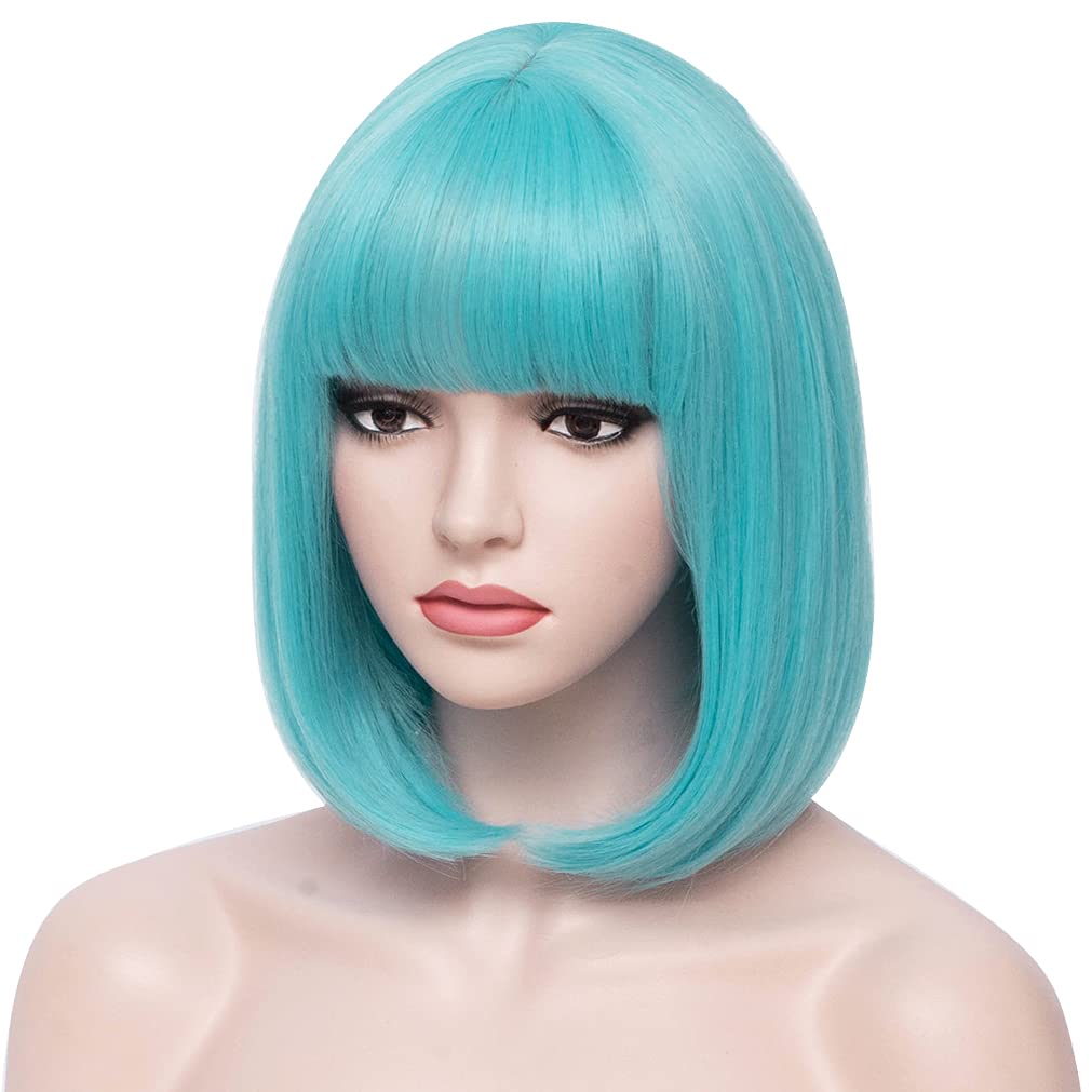 BERON 12 Inches Blue Bob Wig Short Straight Light Blue Wig with Bangs Teal Blue Wig for Women Halloween Cosplay or Daily Use Wigs (Light Blue)