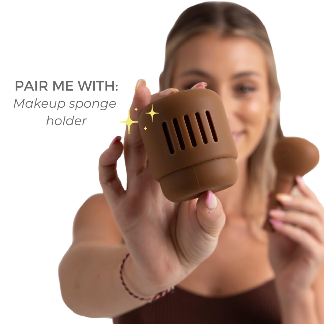 Travel Makeup Brush Set With Brush Bubble Silicone Makeup Brush Cover- Brown Matte. Travel Powder Brush with Compact makeup brush handle. Vegan Bristles.