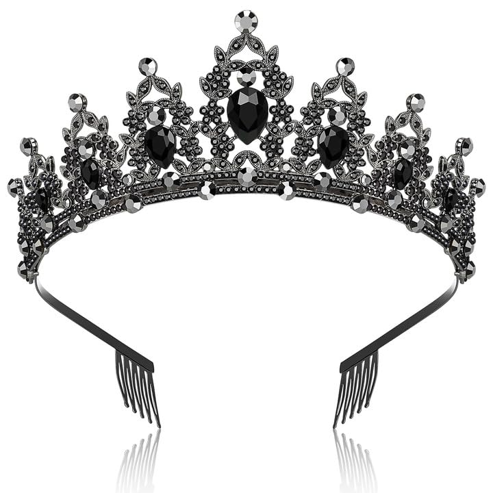 Makone Queen Crown and Tiara Princess Crown with Combs for Women and Girls Black Crystal Headbands for Bridal, Gothic Costumes for Prom Halloween Accessories Wedding Birthday Party(Black)