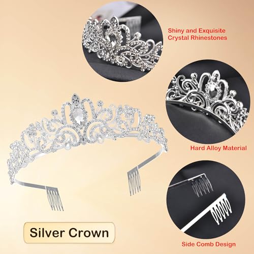 Silver Tiaras and Crowns for Women, Crystal Birthday Queen Crowns with Comb Rhinestone Princess Tiara Hair Accessories Wedding Crown for Brides