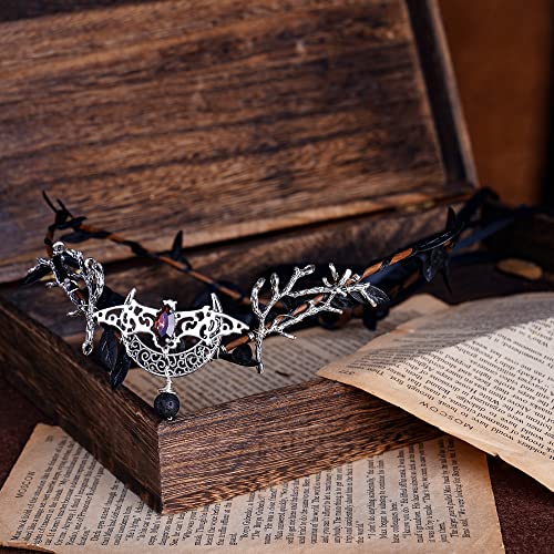 MOSTORY Handmade Black Elf Moon Crown - Woodland Fairy Headpiece Medieval Leaf Circlet for Women Girls Witch Renaissance Halloween Party Prom Cosplay Accessory