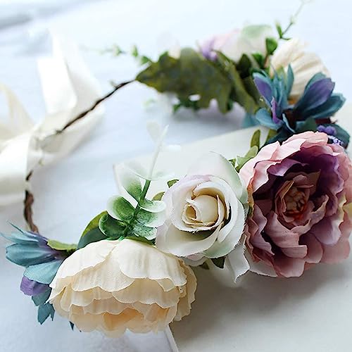 YnimioAOX Handmade Adjustable Flower Wreath Headband Halo Floral Crown Garland Headpiece, B22-purple white