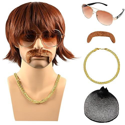 5Pcs 70s 80s Disco Wigs Set with Mustache Sunglasses Gold Chain Hairnet, Brown Afro Short Hair Synthetic Mullet Toupee for Adult Mens 50s 60s Singer Rocker Hippies Costumes Cosplay Halloween Party