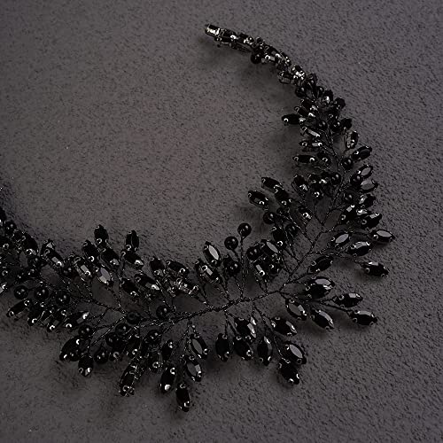 Teyglen Bride Wedding Rhinestone Crystal Long Headband Hair Vine Bridal Black Pearl Crystal Headband Wedding Hair Accessories for Bride Hair Pieces Black Headpiece for Women Girl (Black)