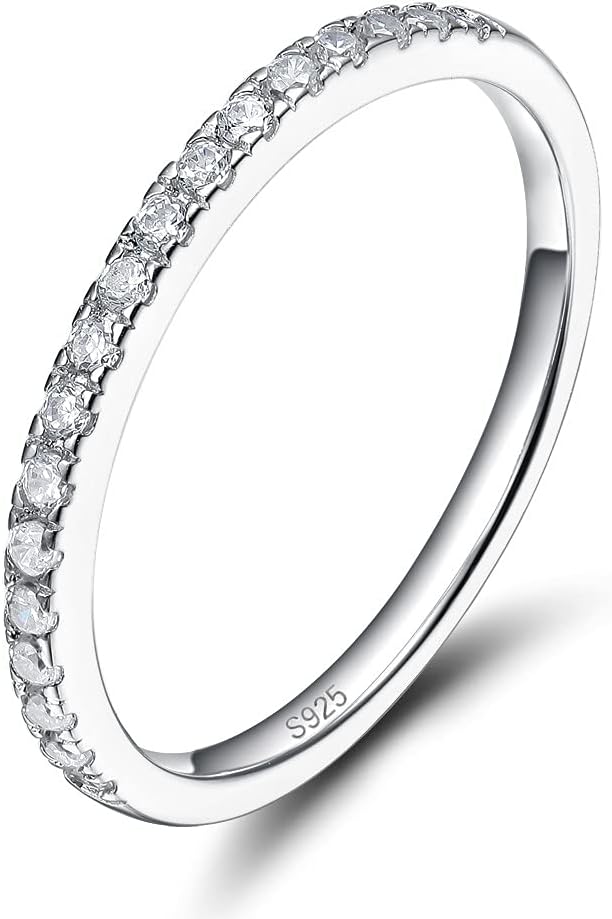 EAMTI 2mm 925 Sterling Silver Wedding Band Cubic Zirconia Half Eternity Stackable Engagement Ring Size 3-13