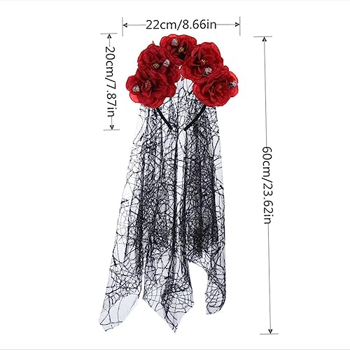 Koolgil Women's Bohemian Rose Flower Headband Halloween Party Ghost Festival Headband Skeleton Head Mesh Hair Hoop (D- Black)