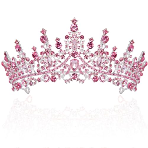 Trnerm Pink Crown Crystal Wedding Crown for Women, Pink Tiara Queen Princess Crown, Rhinestone Tiara for Women, Hair Accessories for Quinceanera Pageant Prom Birthday Halloween Cosplay