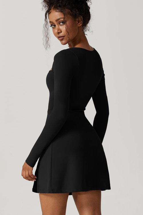 QINSEN Women's Long Sleeve Square Neck Mini Dress High Waist Party Club Outfit Black S