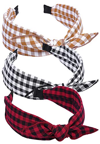 Qiabao Womens Vintage Plaid Headbands Headwraps Hair Band with Bow Pack of 3