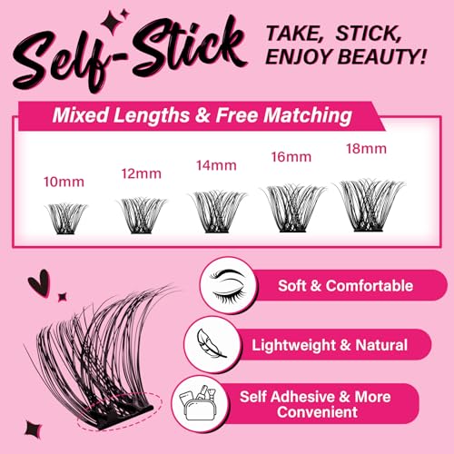 Self Adhesive Eyelashes 48Pcs Lash Clusters Self Stick Lashes Reusable Self-adhesive Lashes No Glue Cluster Lashes Easy for Use(Into You-01,D-10-18mix)