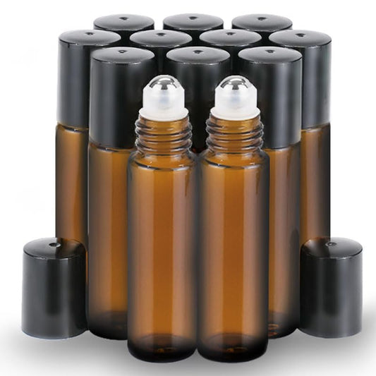 PrettyCare Roller Bottles For Oils 10 ml (Amber Glass, 12 Pack, 1 Extra Stainless Steel Balls, 12 Labels, 1 Opener, 1 Funnels Essential Oil Roller Bottles